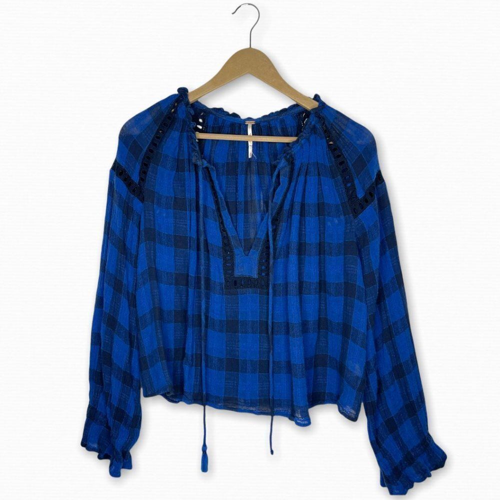FREE PEOPLE Honey Grove Blue Plaid Top - Picture 2 of 10